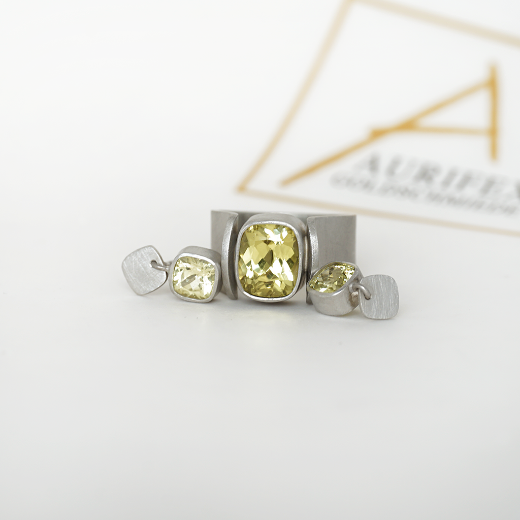 Aurifex Goldschmiede Koblenz Set bestehend aus Ohrringen und Ring aus der Kollektion Unikat in Platin mit Chrysoberyll