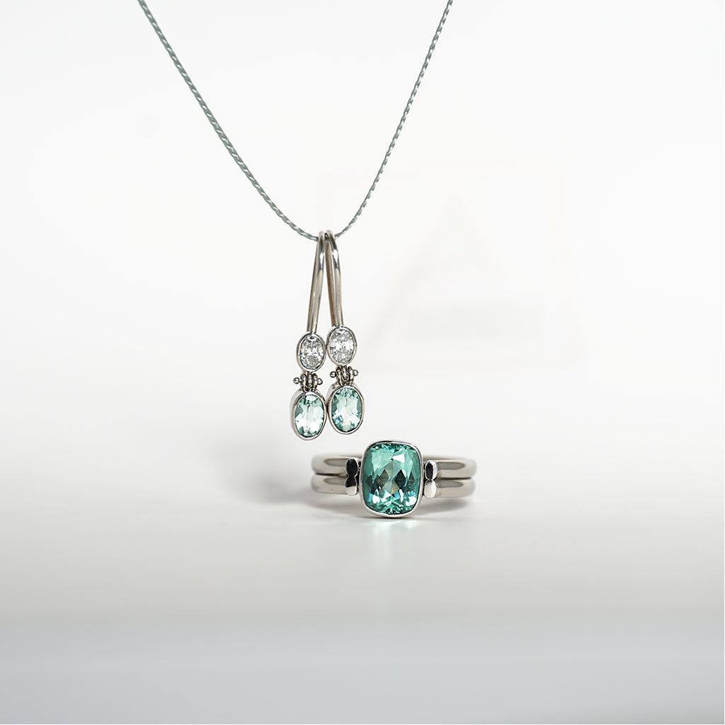 Aurifex Goldschmiede Koblenz Ohrringe aus der Kollektion Unikat in Platin mit Vanadium Beryll und Diamant