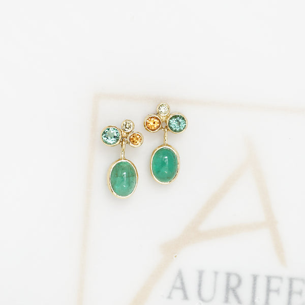 Aurifex Goldschmiede Ohrstecker aus der Kollektion Unikat ins Gelbgold mit Smaragd, Mandarin Granat, Turmalin und Brillant